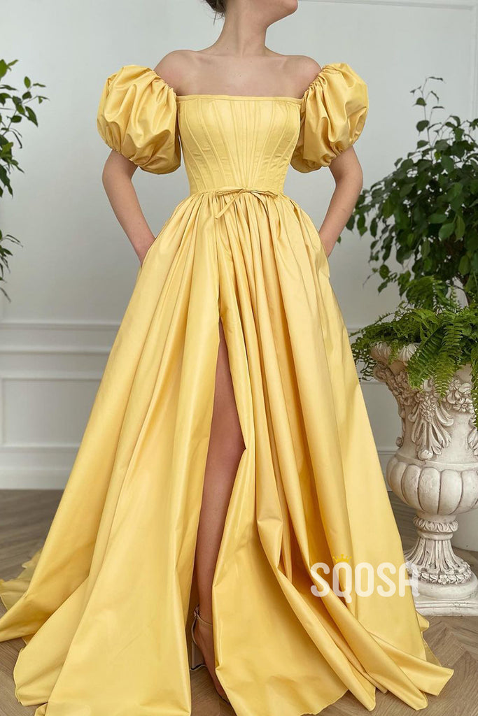Strapless Short Sleeves Yellow Satin High Split Long Prom Dress with Pockets QP0970|SQOSA