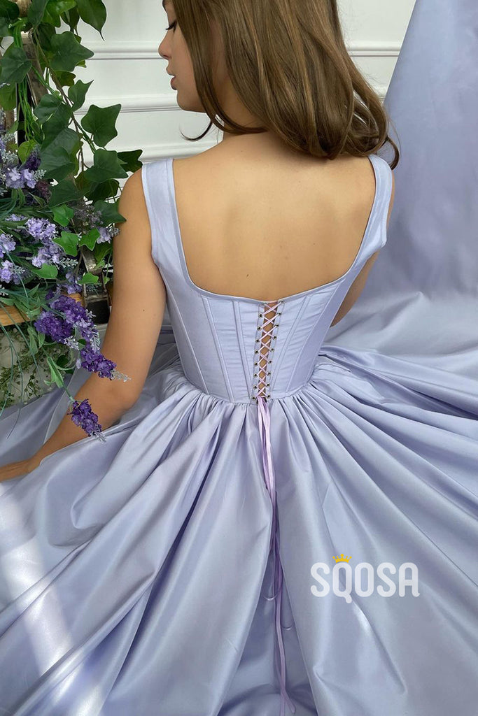 Double Straps Scoop High Split Satin A-line Long Prom Dress with Pockets QP0972|SQOSA