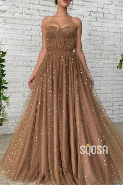 A-line Sweetheart Sparkly Tulle Long Prom Dress with Pockets QP0977|SQOSA