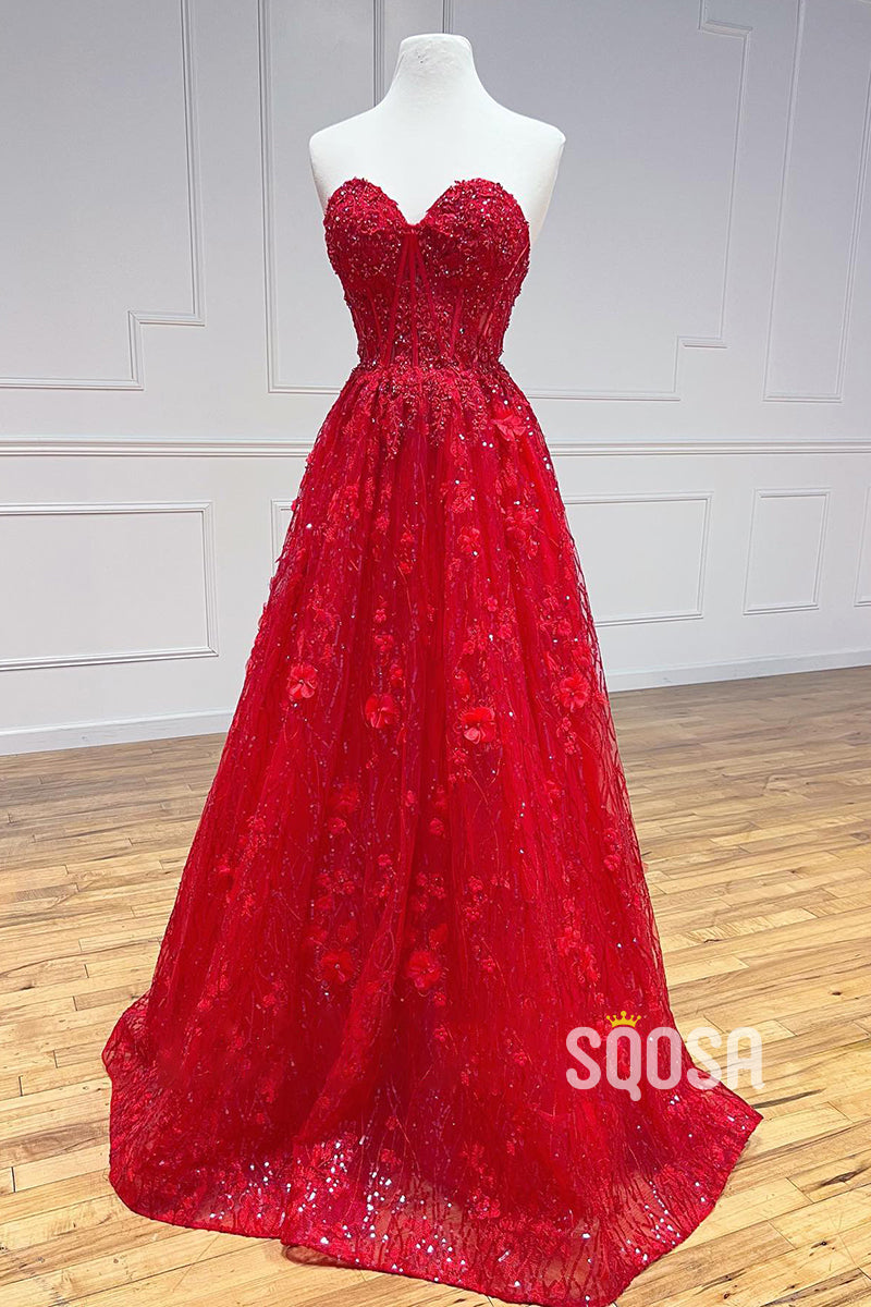 A-line Sweetheart Beads Lace Long Prom Dress Sweet 16 QP0996