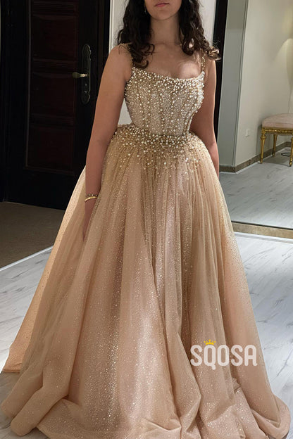 A-line Scoop Luxury Beads Long Formal Evening Dress with Detachable Skirt QP1003