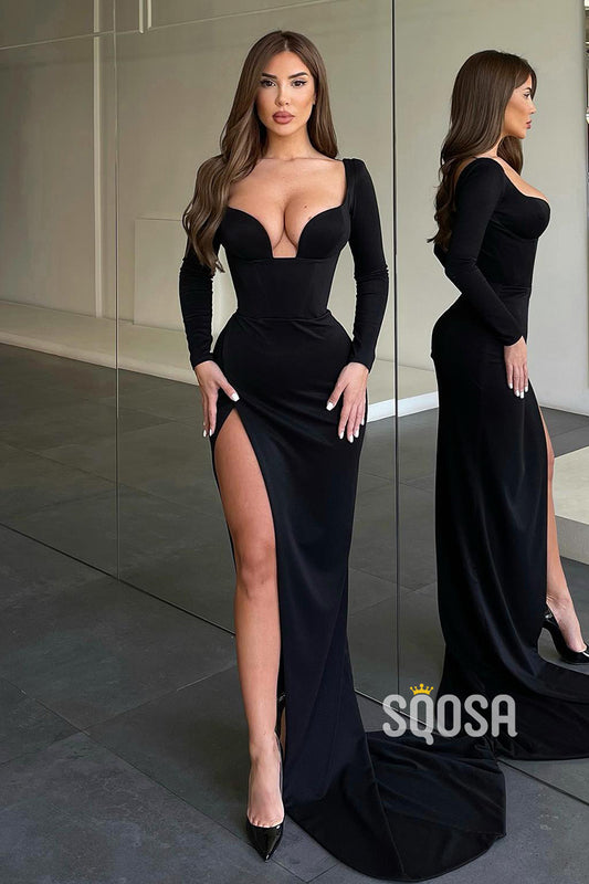 Sexy V-Neck Side Slit Long Sleeves Formal Evening Gowns QP1026