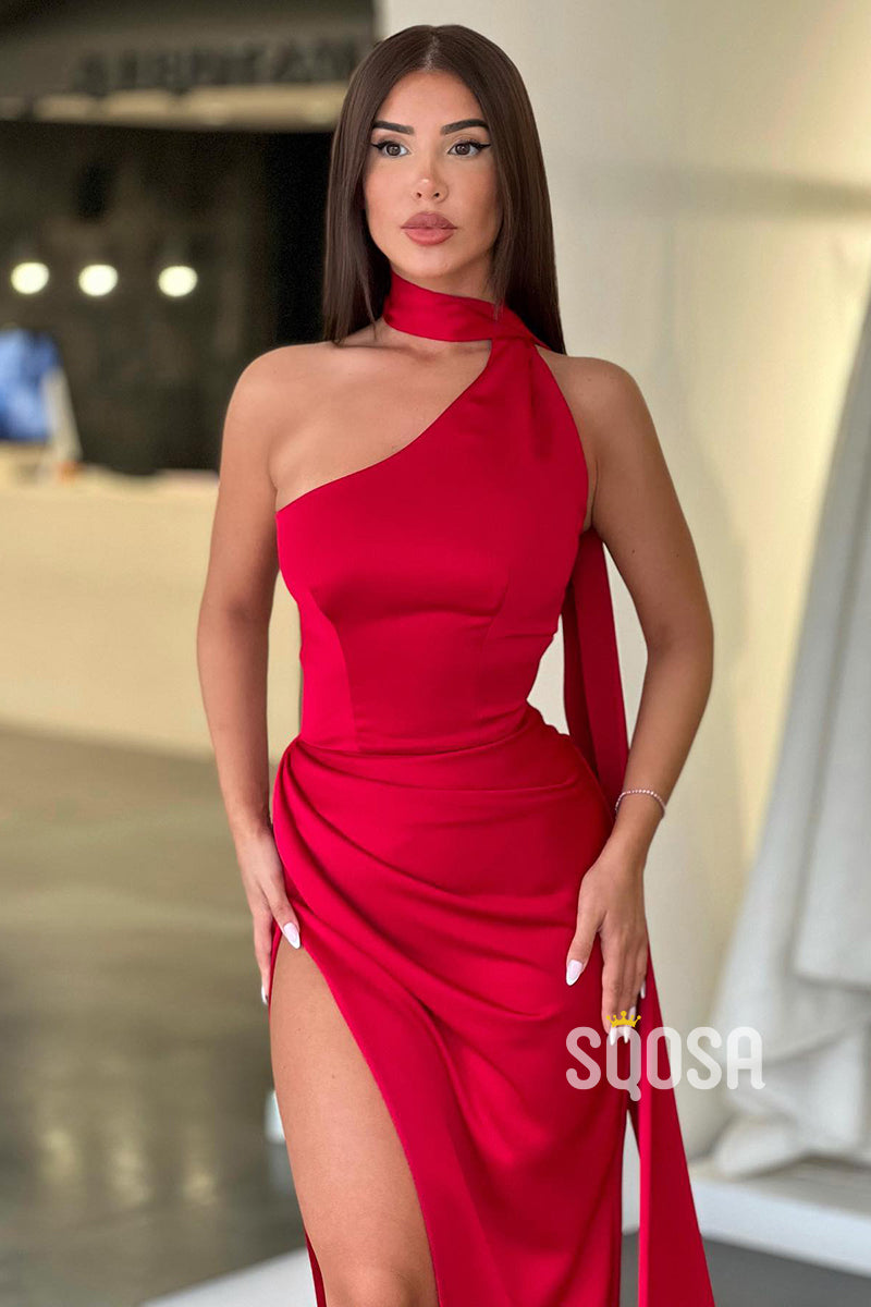 Unique One Shoulder Pleats Side Slit Red Prom Formal Gowns QP1054