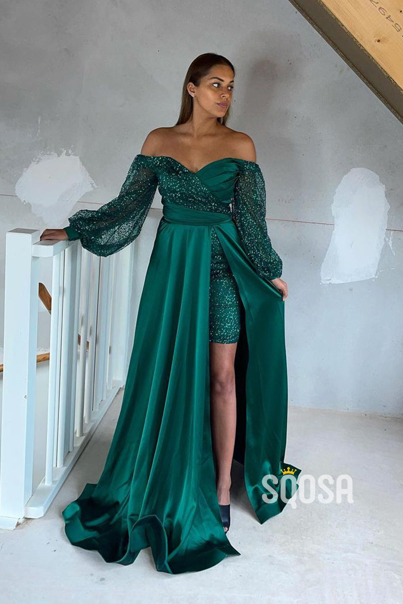 Chic Off the Shoulder Sequins Long Sleeves High Split Long Formal Evening Dress QP1141|SQOSA