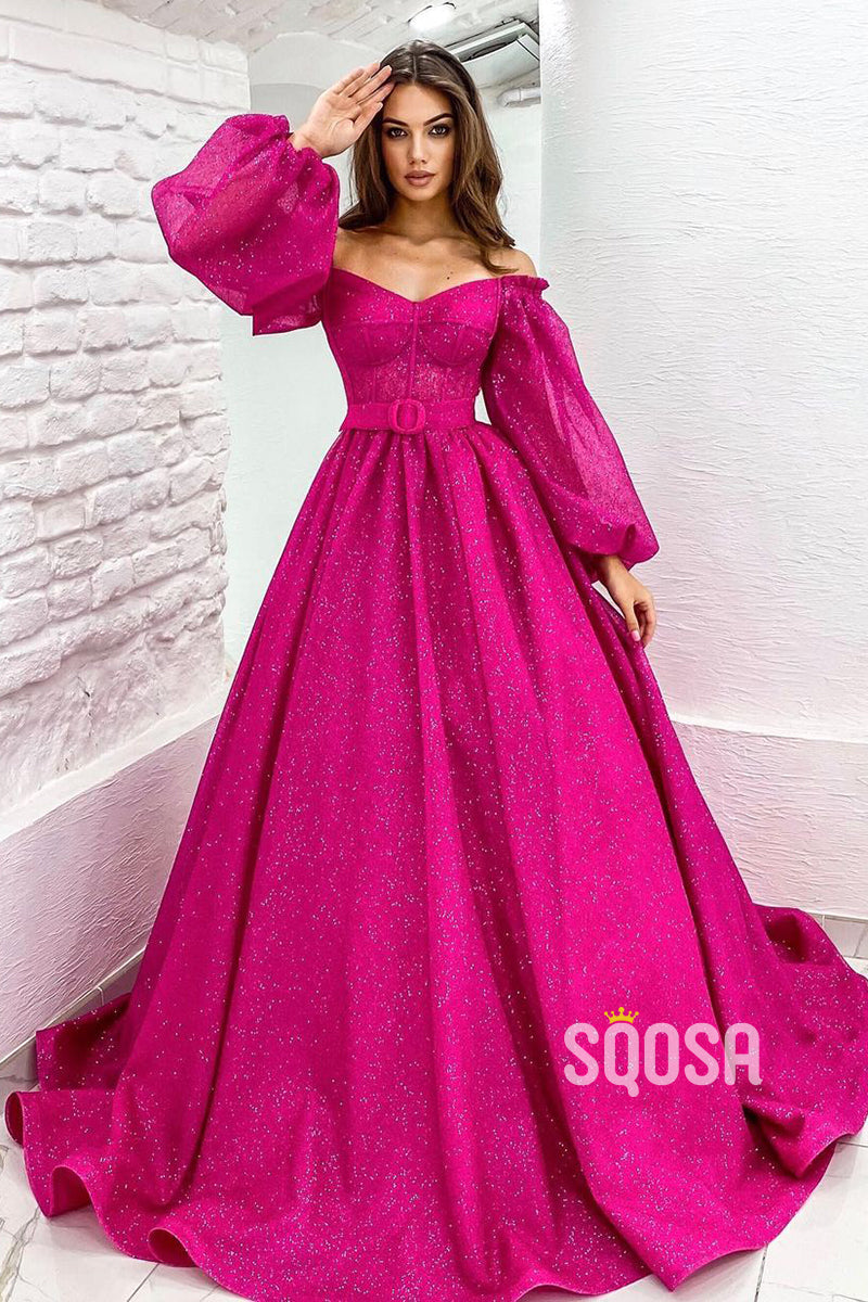 A-line Scoop Long Sleeves Fuchsia Sparkly Prom Dress with Pockets QP1142|SQOSA