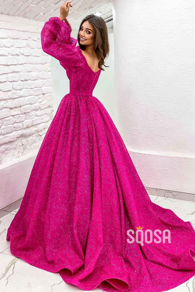 A-line Scoop Long Sleeves Fuchsia Sparkly Prom Dress with Pockets QP1142|SQOSA