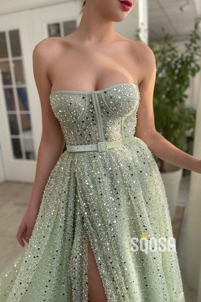 A-line Sweetheart High Split Sparkly Prom Dress QP1143|SQOSA
