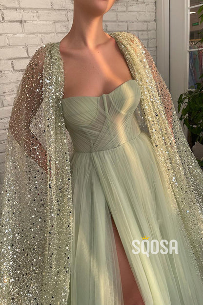 Sweetheart Tulle Pleats High Split Sparkly Prom Dress QP1153|SQOSA