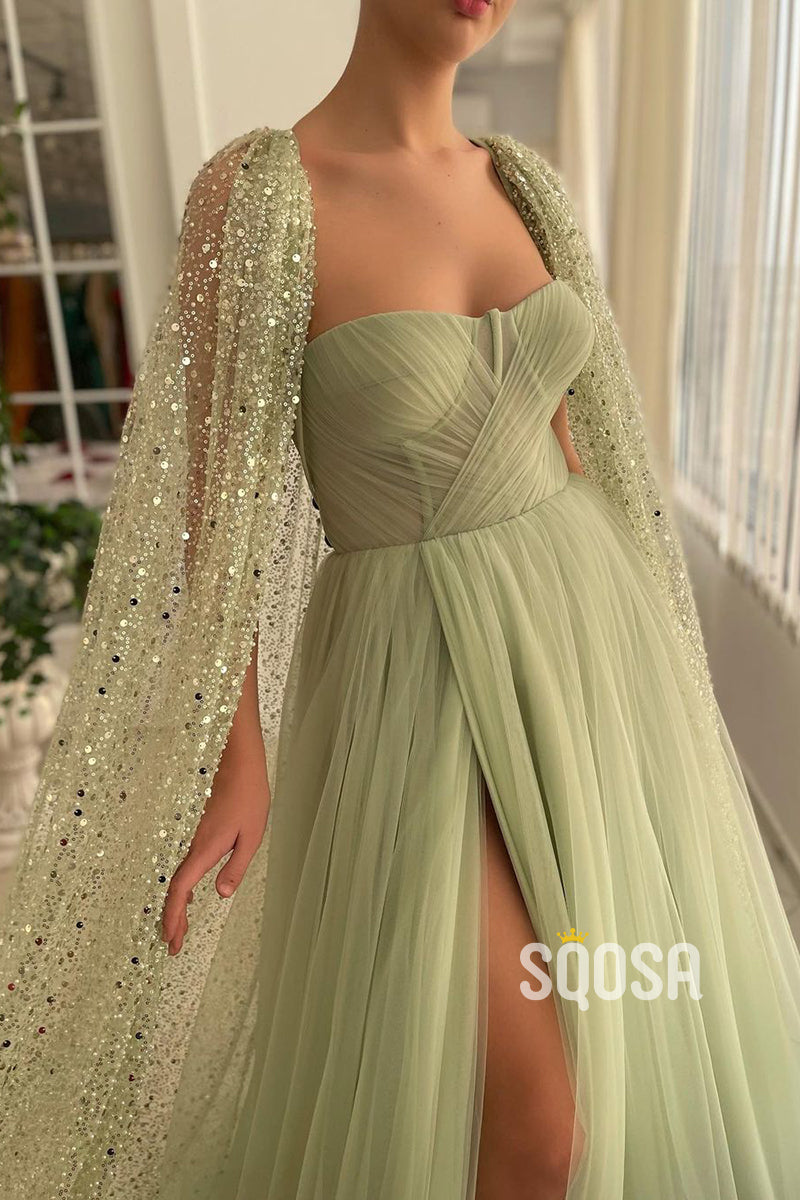 Sweetheart Tulle Pleats High Split Sparkly Prom Dress QP1153|SQOSA
