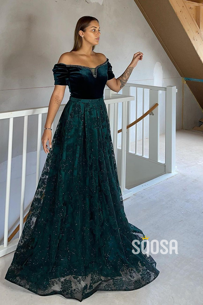 Chic Off the Shoulder Beads Exquisite Lace Formal Evening Dress with Sleeves QP1155|SQOSA