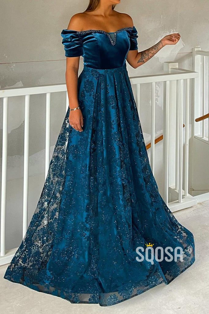 Chic Off the Shoulder Beads Exquisite Lace Formal Evening Dress with Sleeves QP1155|SQOSA