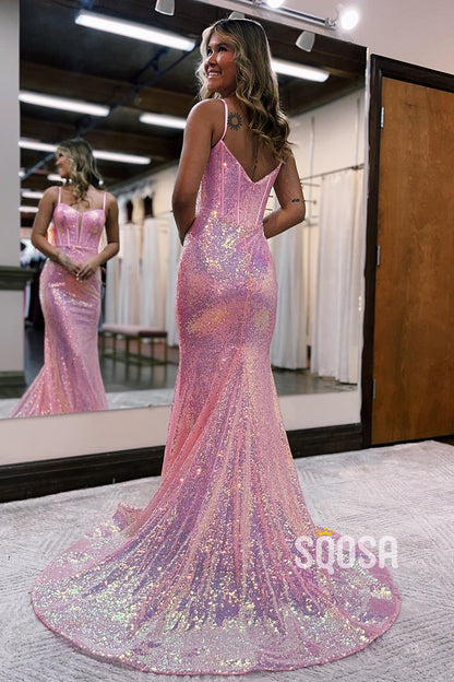 Plunging V-Neck Bone Sequins Pink Long Prom Dress Glitter QP1357