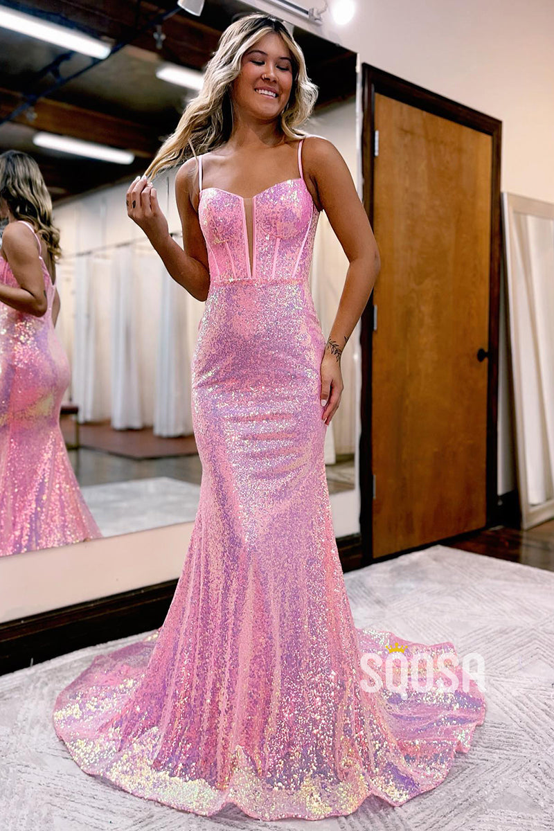Plunging V-Neck Bone Sequins Pink Long Prom Dress Glitter QP1357