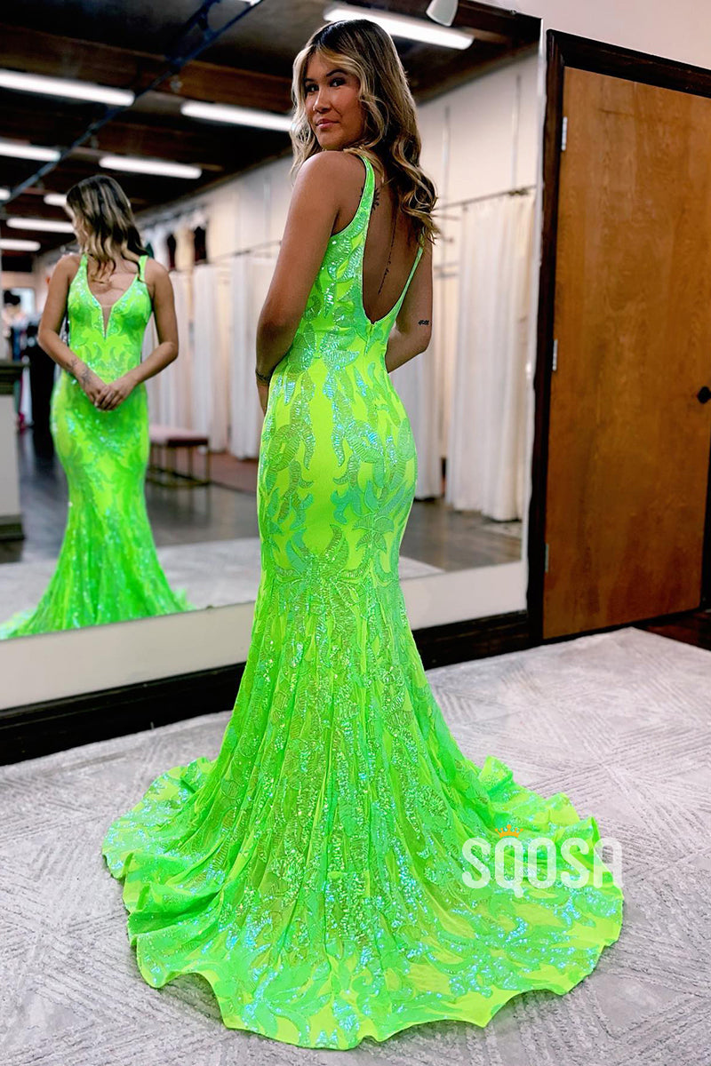 Sexy V-Neck Sequins Appliques Mermaid Prom Dress QP1371