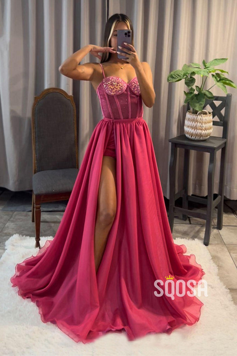 A-line Sweetheart Sequined Top Sparkly Prom Dress with Slit QP1379