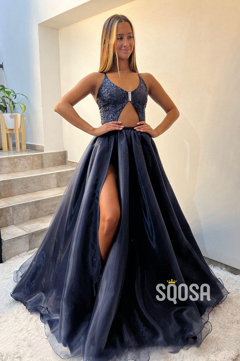 Plunging V-Neck Illusion Sequins A Line Long Sparkly Pro Dress with Slit QP1380|SQOSA
