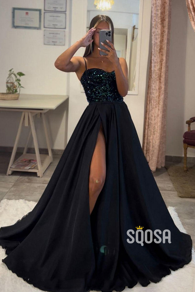 A-line Sweetheart Sequined Top Long Sparkly Prom Dress with Slit QP1408