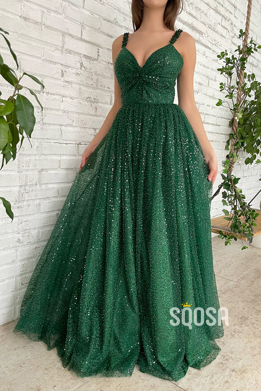 Women's Spaghetti Straps Sequins Green Sparkly Long Prom Dress with Pockets QP2511|SQOSA