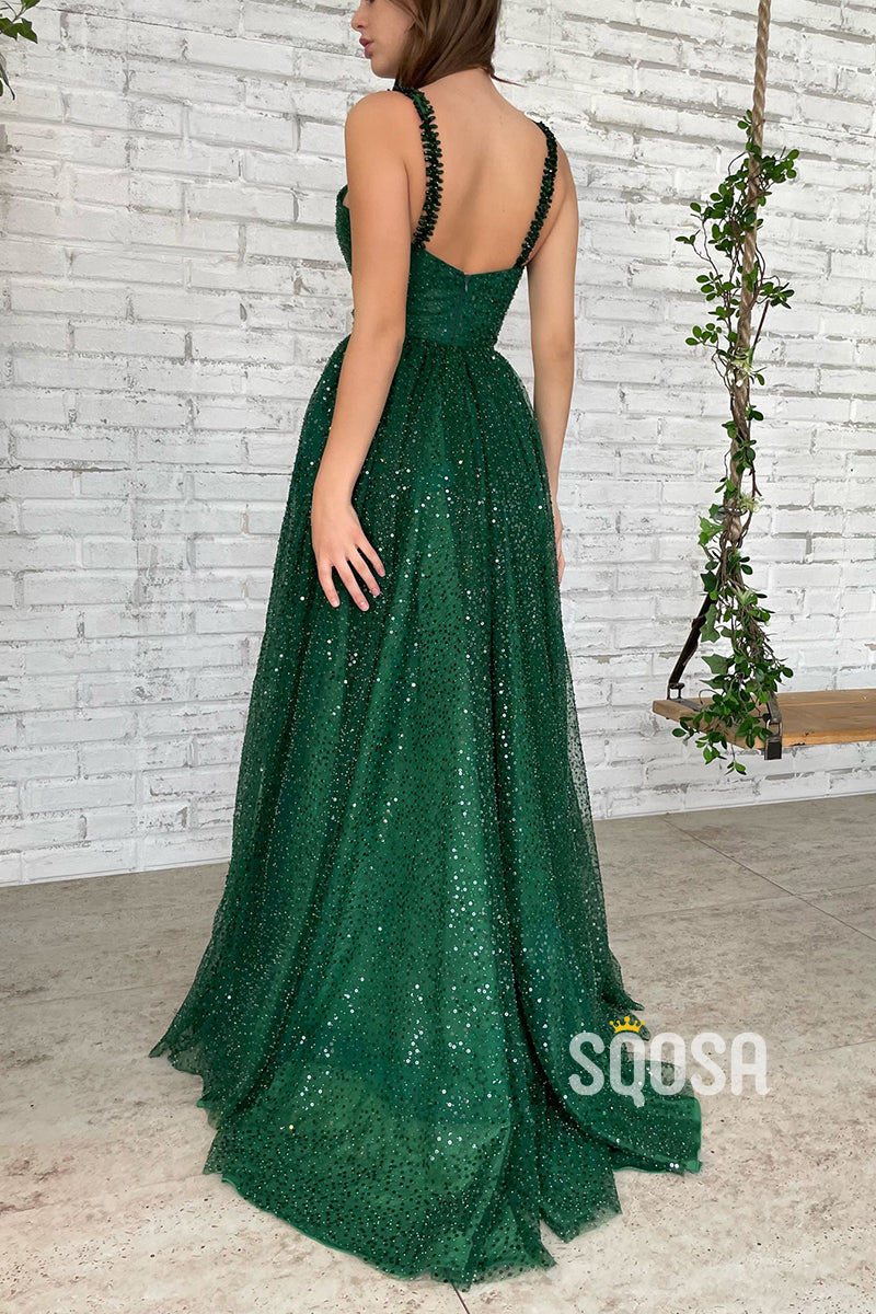 Women's Spaghetti Straps Sequins Green Sparkly Long Prom Dress with Pockets QP2511|SQOSA