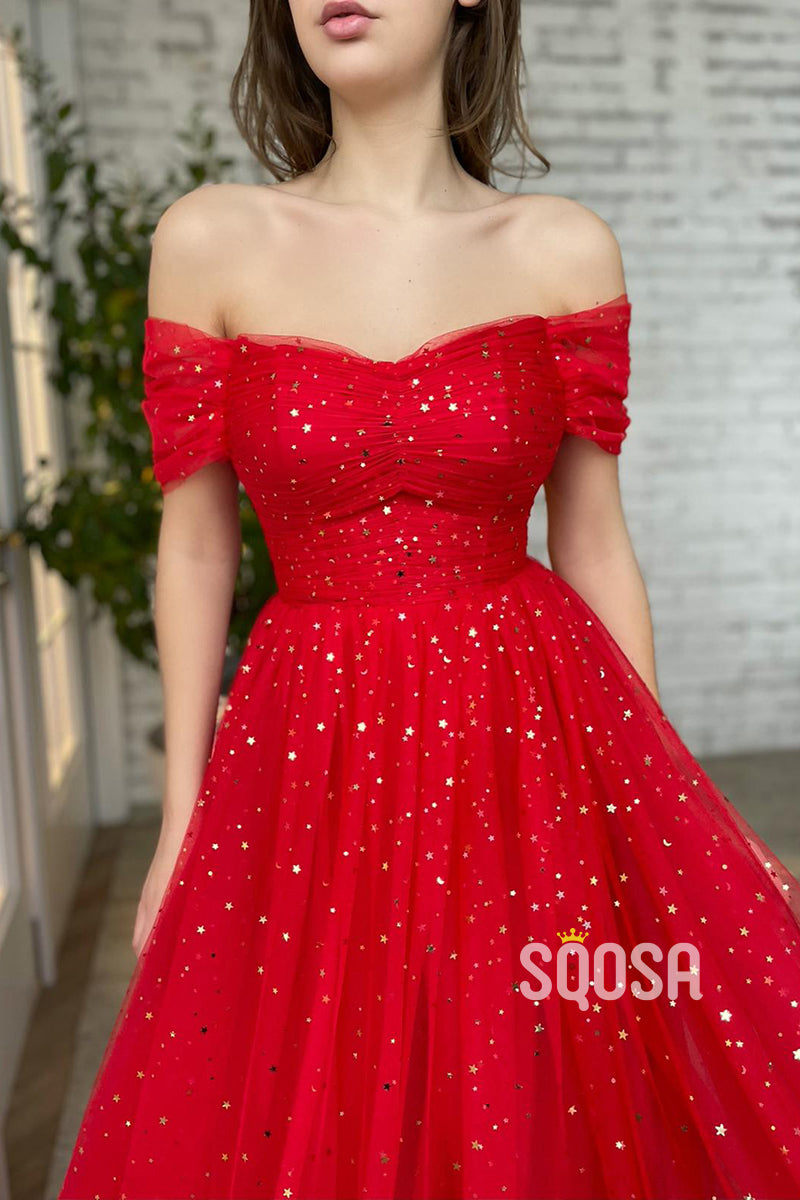 Off Shoulder A-line Sweetheart Long Red Prom Dress with Pockets QP2521|SQOSA
