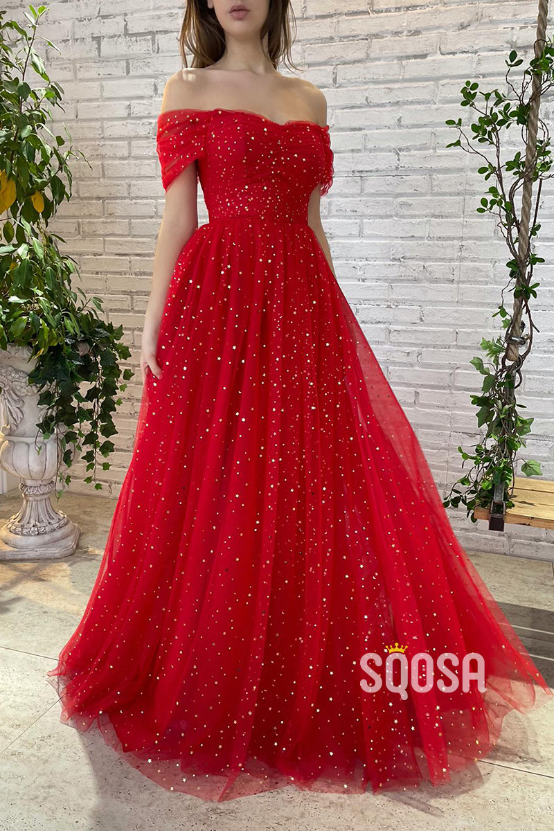 Off Shoulder A-line Sweetheart Long Red Prom Dress with Pockets QP2521|SQOSA