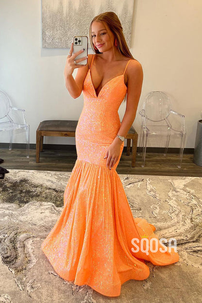 Plunging V-neck Sequins Mermaid Prom Dress Glitter QP2549|SQOSA