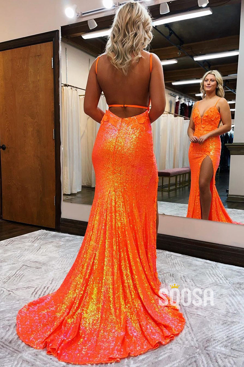 Spaghetti Straps Orange Sequins Appliques Long Prom Dress with Slit QP2551|SQOSA