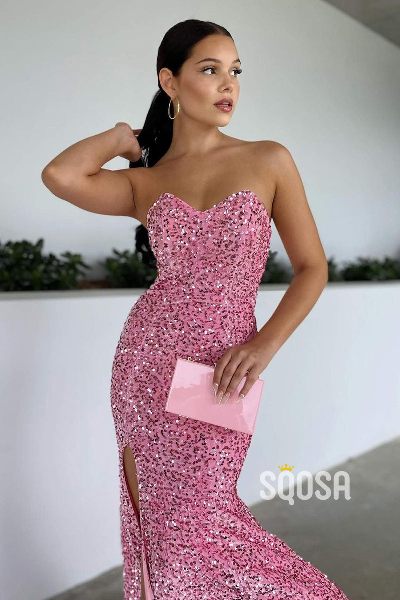 Sexy V-Neck Pink Sequins Long Prom Dress with Slit QP2570|SQOSA