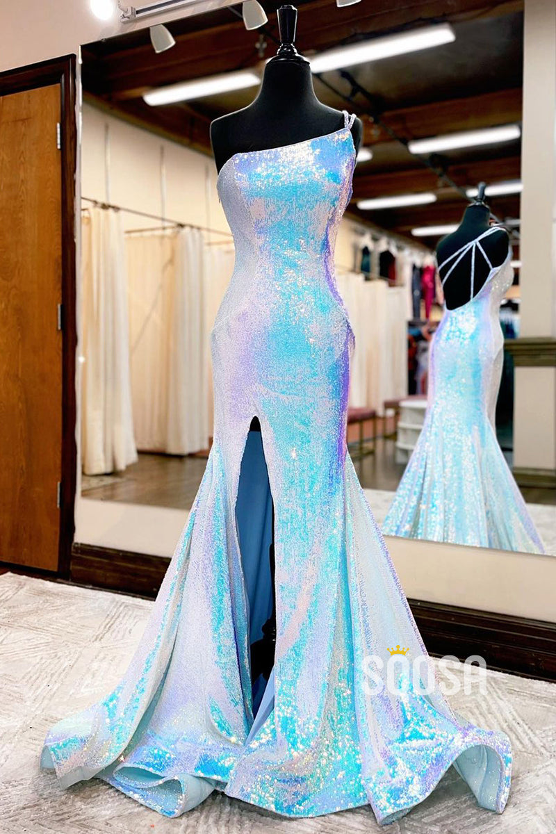 Unique One Shoulder Sequins Sparkly Prom Dress with Slit QP2574|SQOSA