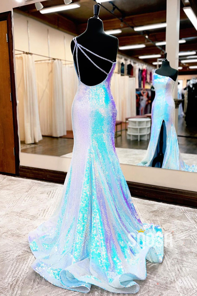 Unique One Shoulder Sequins Sparkly Prom Dress with Slit QP2574|SQOSA