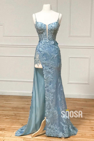 Spaghetti Straps Sequins Appliques Long Prom Dress with Slit QP2575 – SQOSA