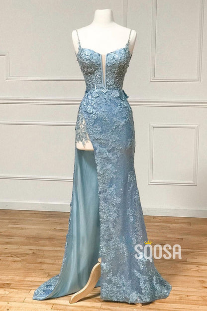 Spaghetti Straps Sequins Appliques Long Prom Dress with Slit QP2575|SQOSA