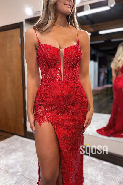 Spaghetti Straps Sequins Appliques Long Prom Dress with Slit QP2575|SQOSA