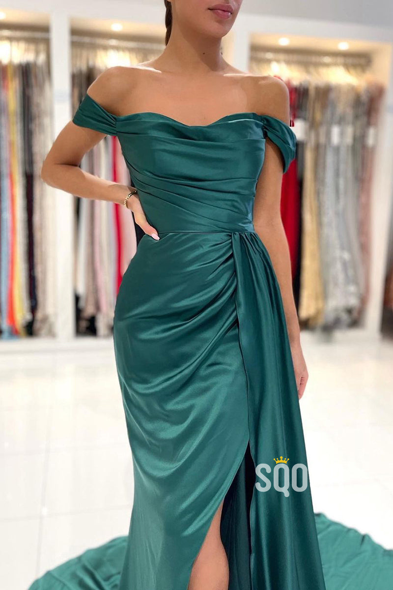 Off Shoulder Pleats Green Long Formal Evening Dress with Slit QP2578|SQOSA