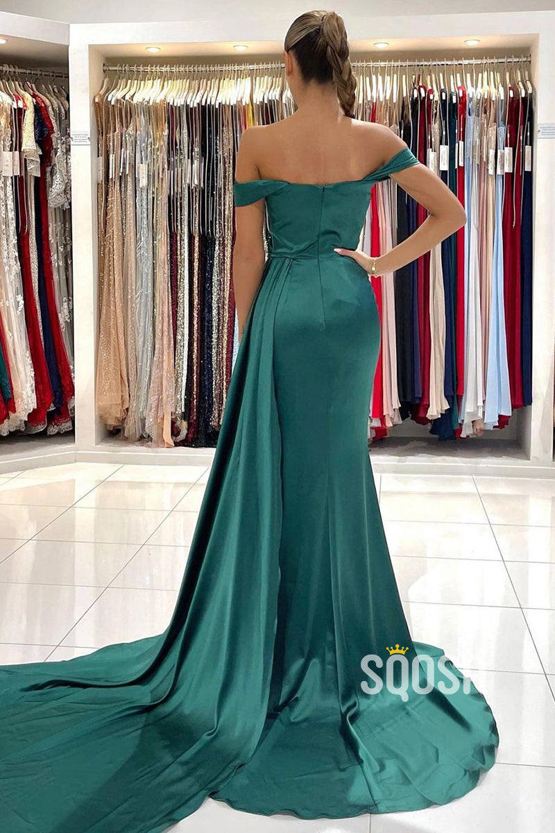 Off Shoulder Pleats Green Long Formal Evening Dress with Slit QP2578|SQOSA