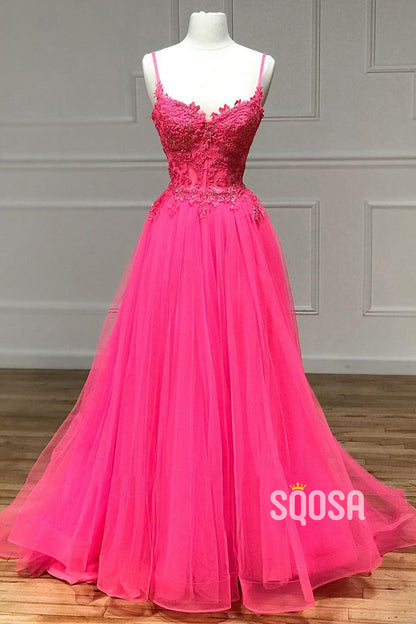 Spaghetti Straps Lace Appliques A-line Long Prom Dress QP2586|SQOSA