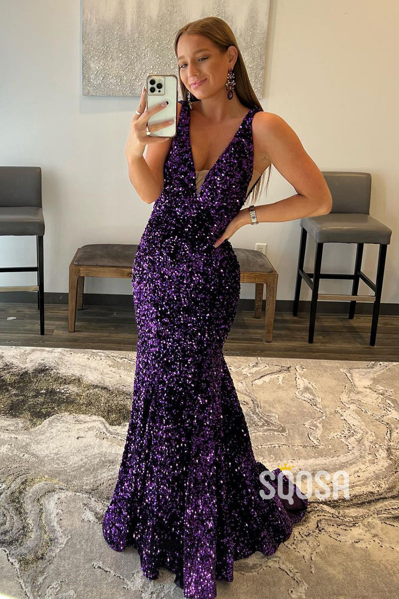 Attractive V-Neck Purple Sequins Long Prom Dress Glitter QP2590|SQOSA