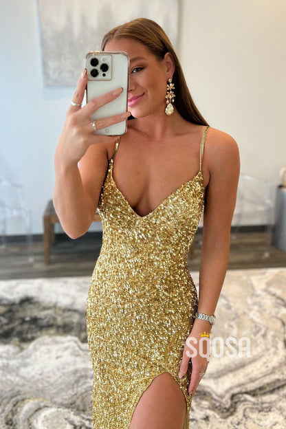 Women's Spaghetti Straps Purple Sequins Sparkly Prom Dress with Slit QP2749