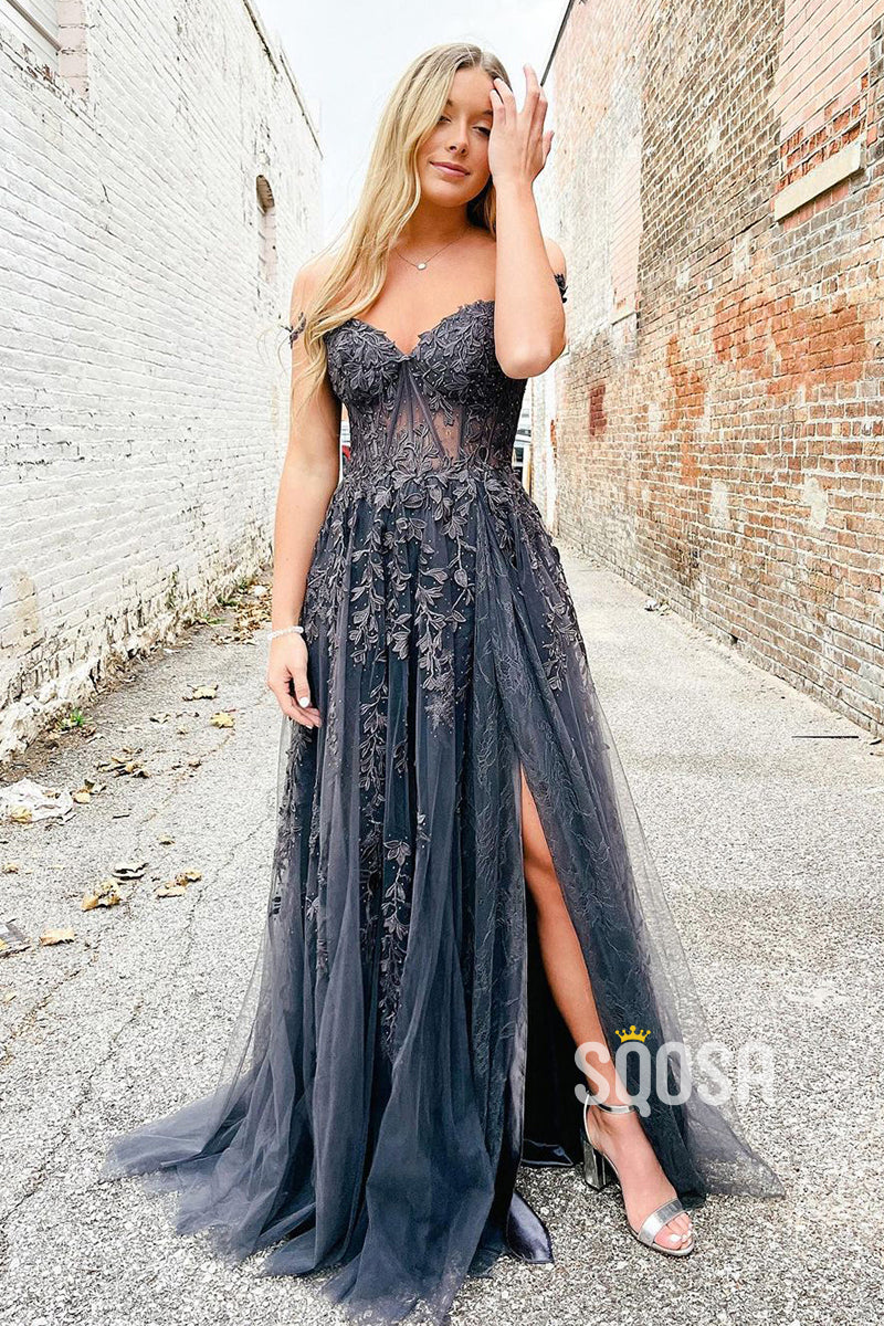 Off the Shoulder Lace Appliques Black Prom Dress with Slit QP2823|SQOSA