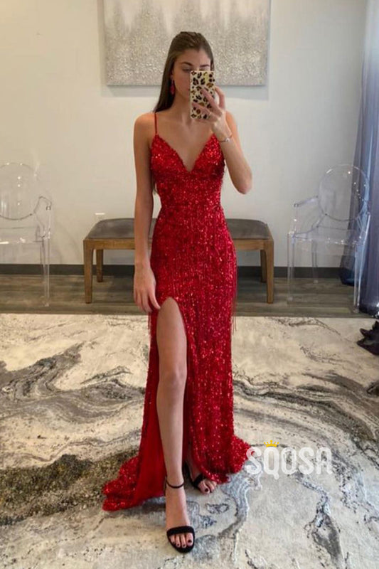 Spaghetti Straps V-Neck Red Sequins Sparkly Prom Dress with Slit QP2825|SQOSA