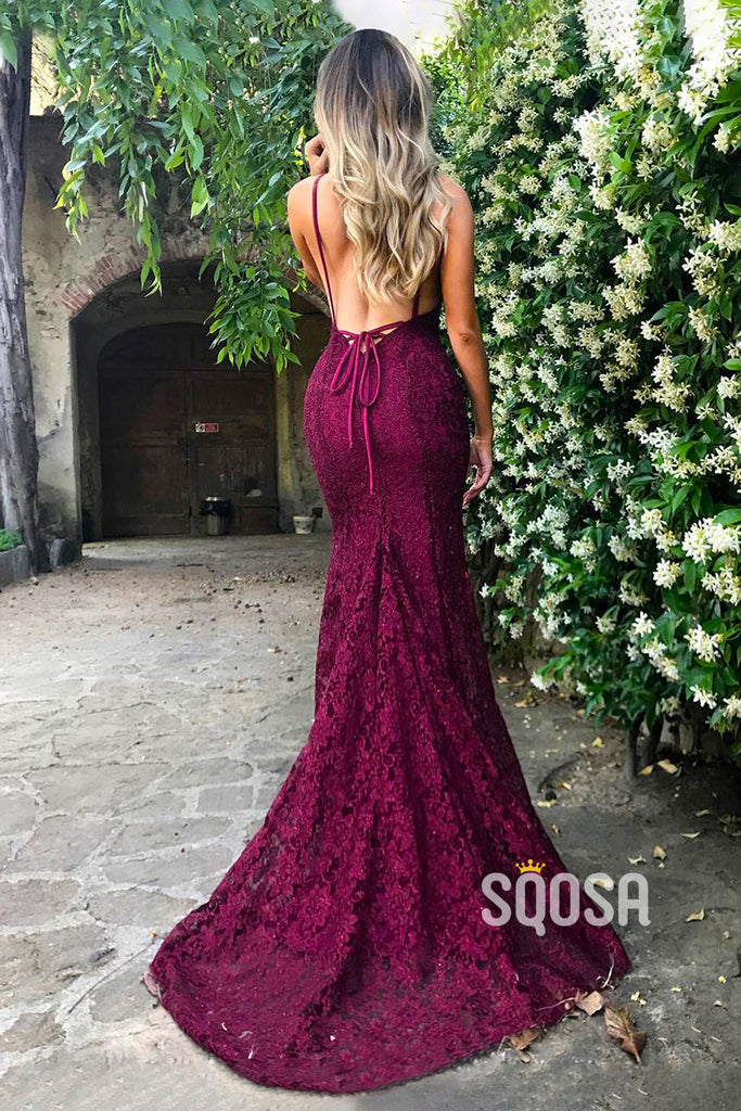 Attractive V-Neck Burgundy Lace Mermaid Prom Dress Backless QP2831|SQOSA