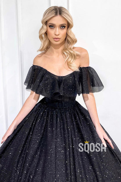 Unique Off the Shoulder Black Sparkly Prom Ball Gown QP2840|SQOSA