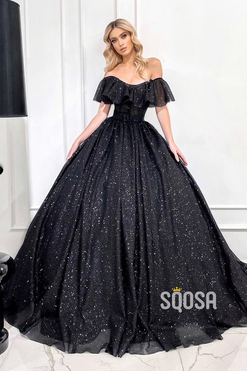 Unique Off the Shoulder Black Sparkly Prom Ball Gown QP2840|SQOSA