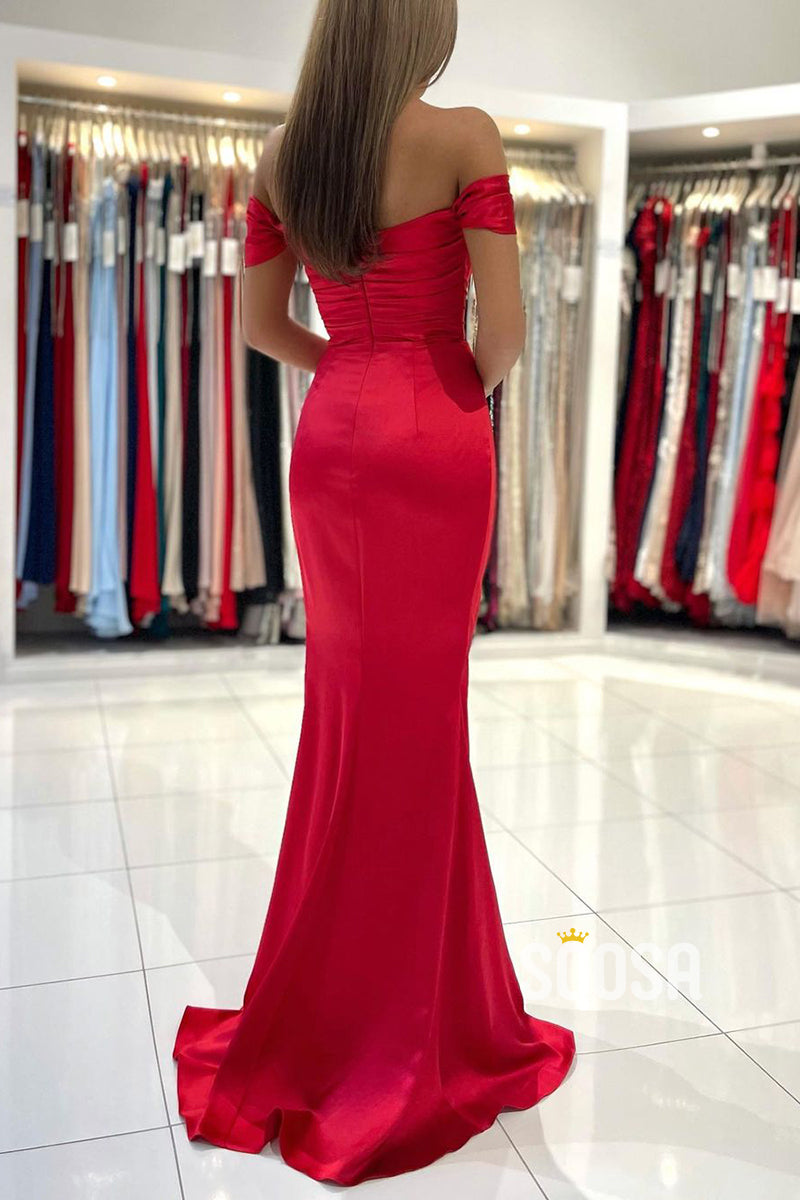 Off the Shoulder Red Satin Pleats Long Prom Dress with Slit QP2944|SQOSA