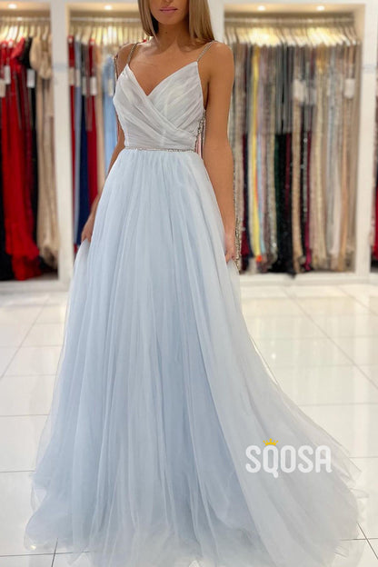 Spaghetti Straps V-Neck Beads Long Prom Dress QP2957|SQOSA