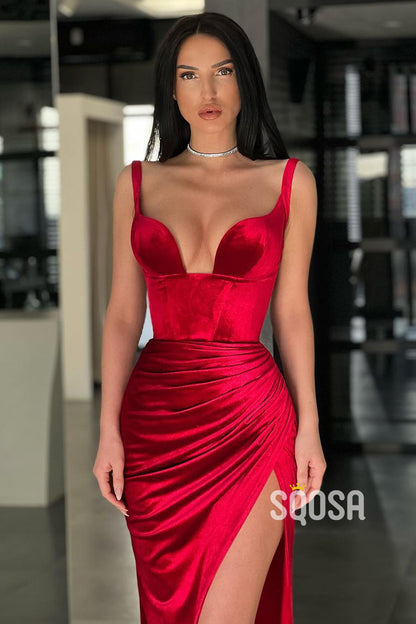 Sexy V-neck Spaghetti Straps Velvet Burgundy Prom Dress with Slit QP2978|SQOSA