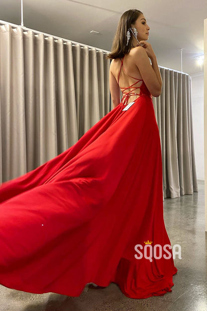 Women's Spaghetti Straps Lace Appliques A-line Prom Dress with Slit QP3018|SQOSA