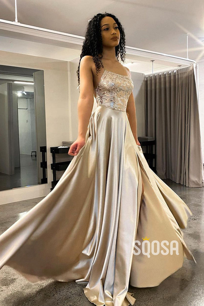 Women's Spaghetti Straps Lace Appliques A-line Prom Dress with Slit QP3018|SQOSA