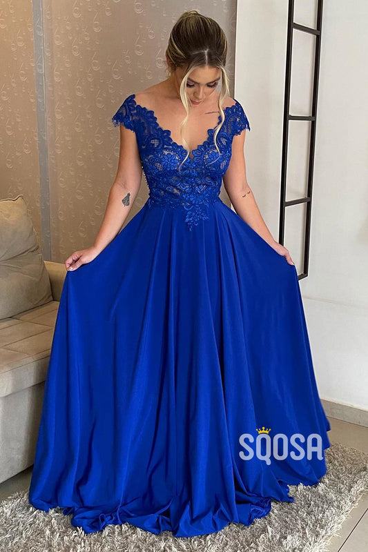 Sexy V-Neck Lace A-line Long Formal Evening Dress Plus Size Mother of the Bride Dress QP3077