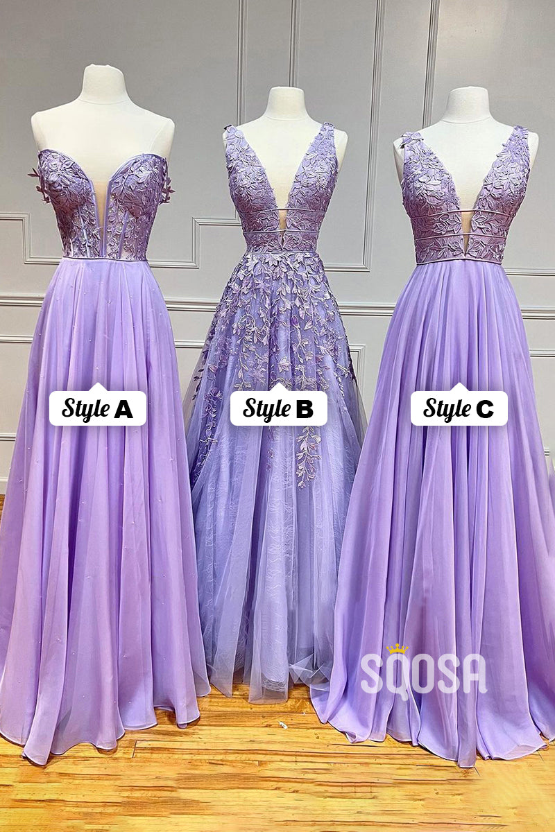 A-line Deep V-Neck Lace Appliques Lilac Prom Dress QP3083|SQOSA